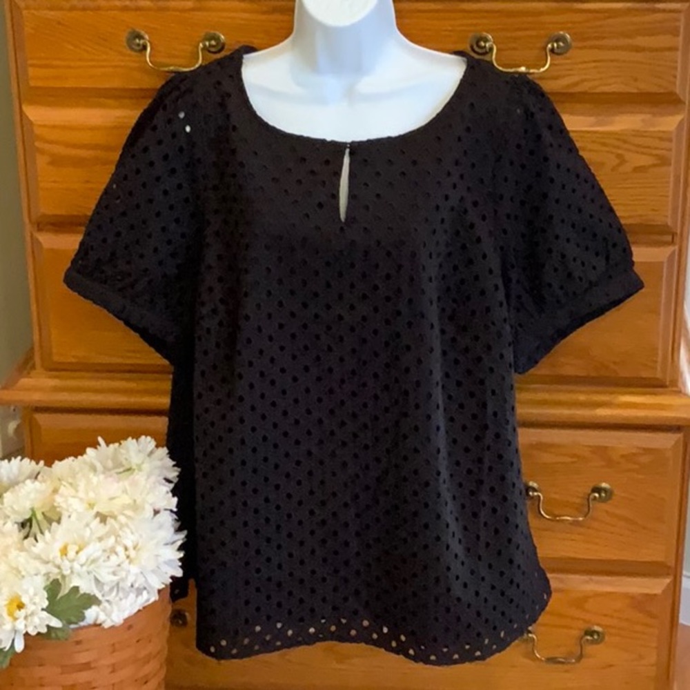 CJ Banks Black Eyelet Blouse NWT